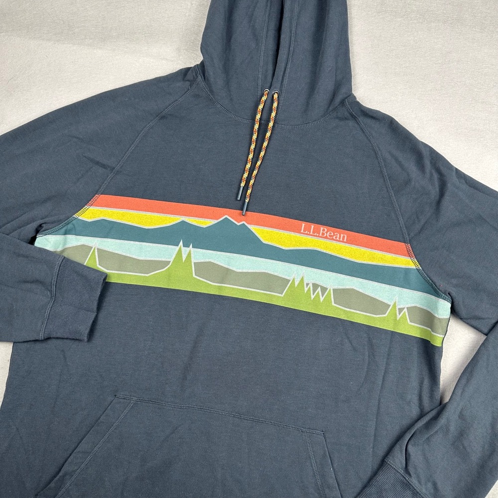 L.L. Bean Mens Slightly Fitted Hoodie L Tall Gray Navy Mountain Graphic 515612